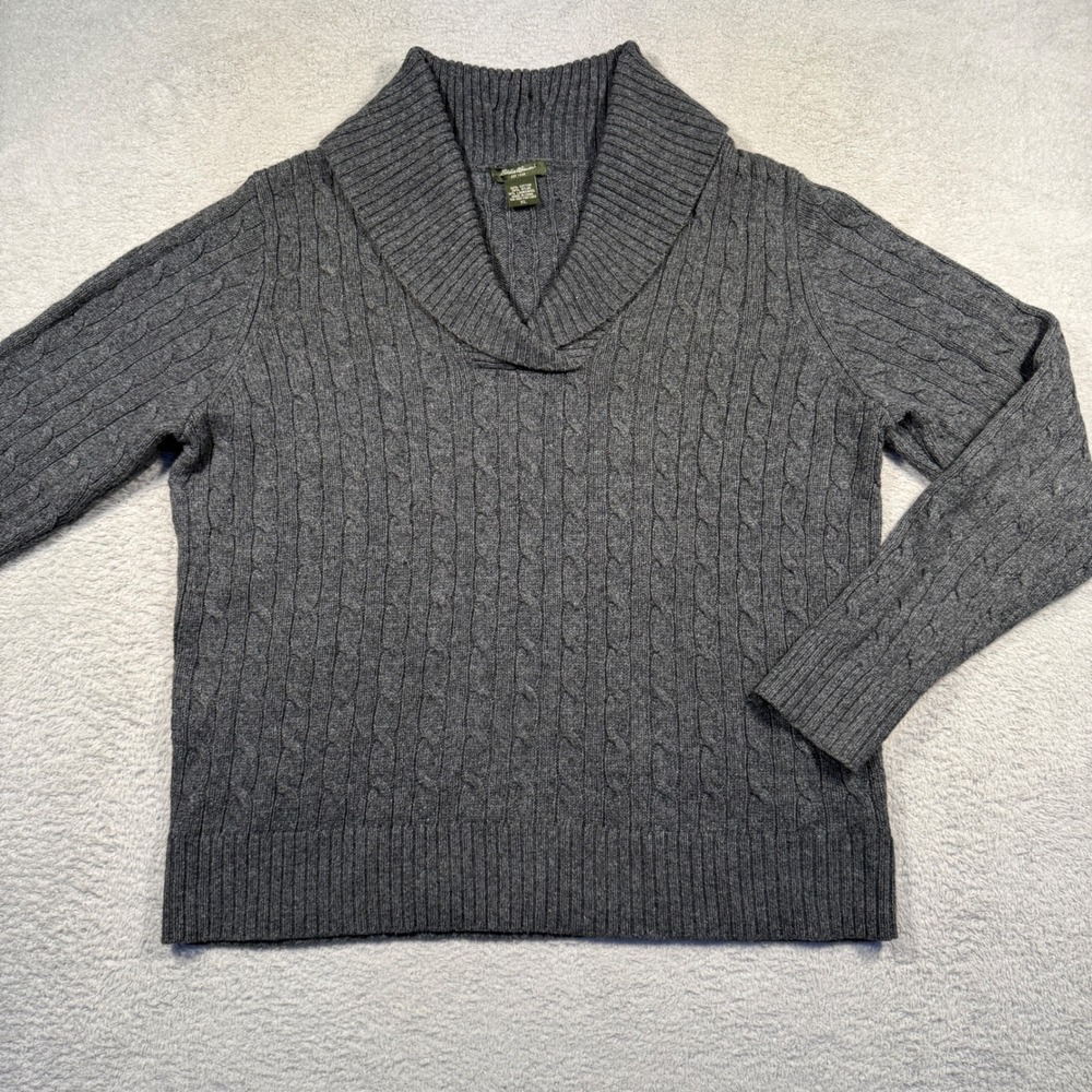 Y2K Eddie Bauer Womens XL Gray Cable Knit‎ Shawl Collar Lambswool Blend Sweater